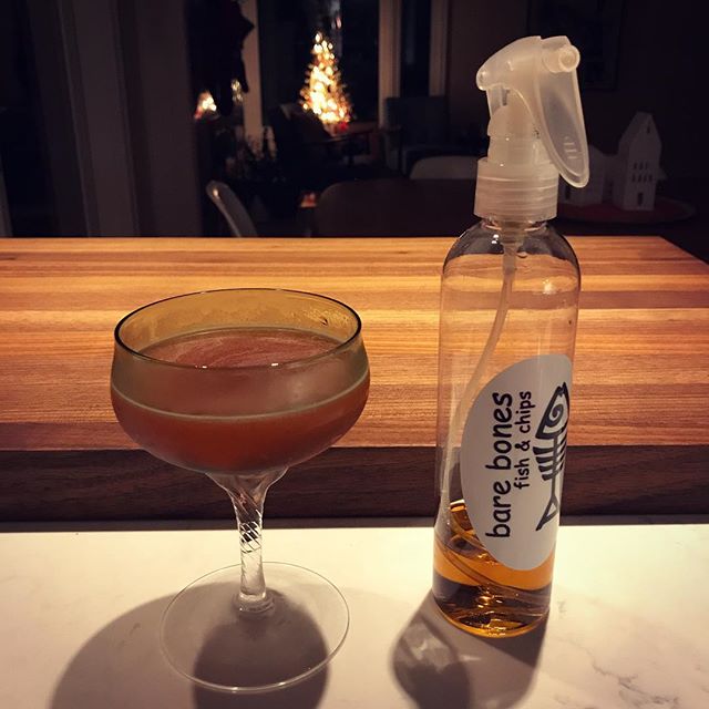 First time using my spray bottle from Bare Bones Fish & Chips. Super happy with it! Works just as well with absinthe as it did with vinegar. Made a Benjamin Barker Daiquiri with two spritz in the coupe and one on top as a garnish for good measure. Spritzing is fun! #cocktails #daiquiri #rum #campari #absinthe #deathandcobook #spritz #portalberni