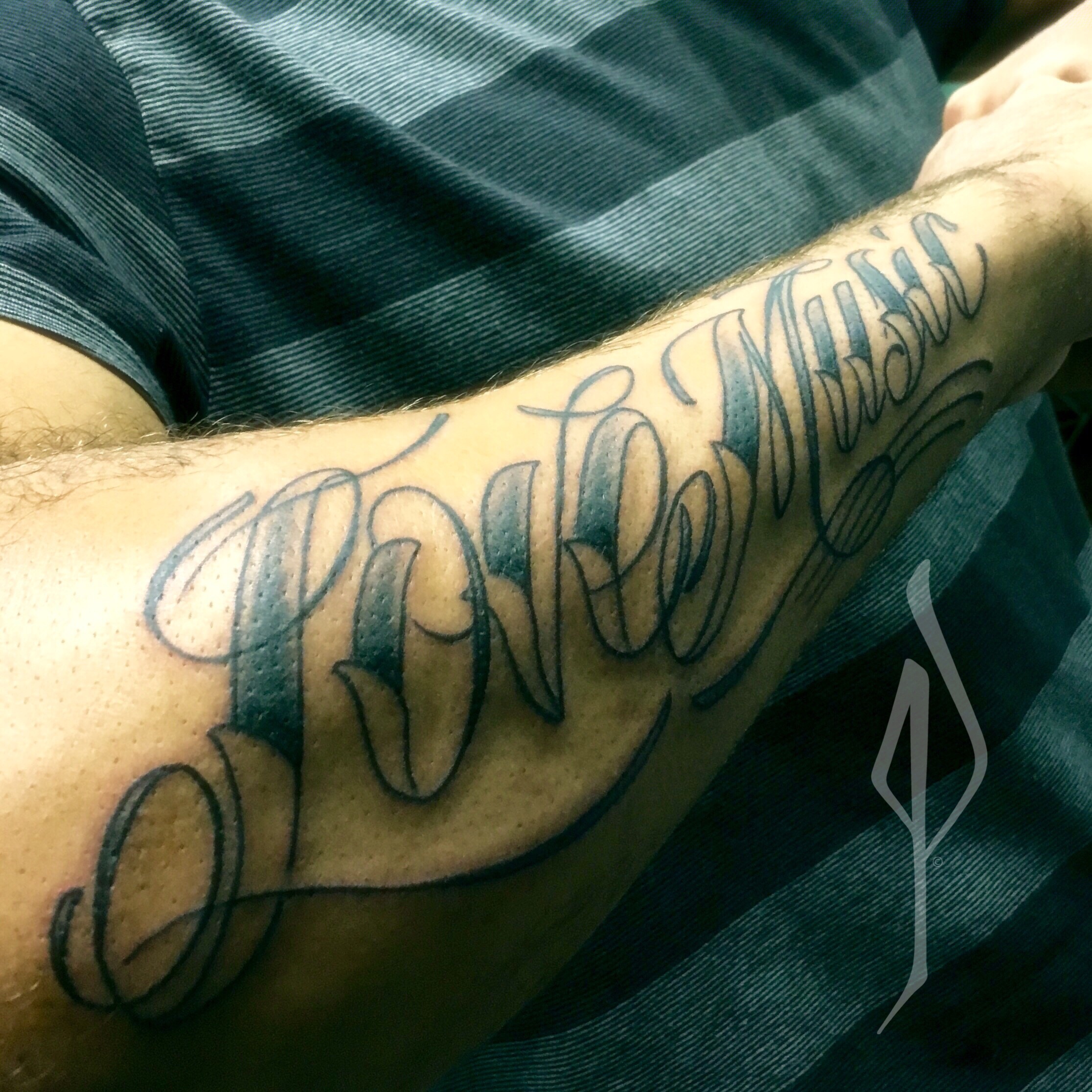 Love Music Script Tattoo by Jon Poulson - Aloha Salt Lake Tattoos
