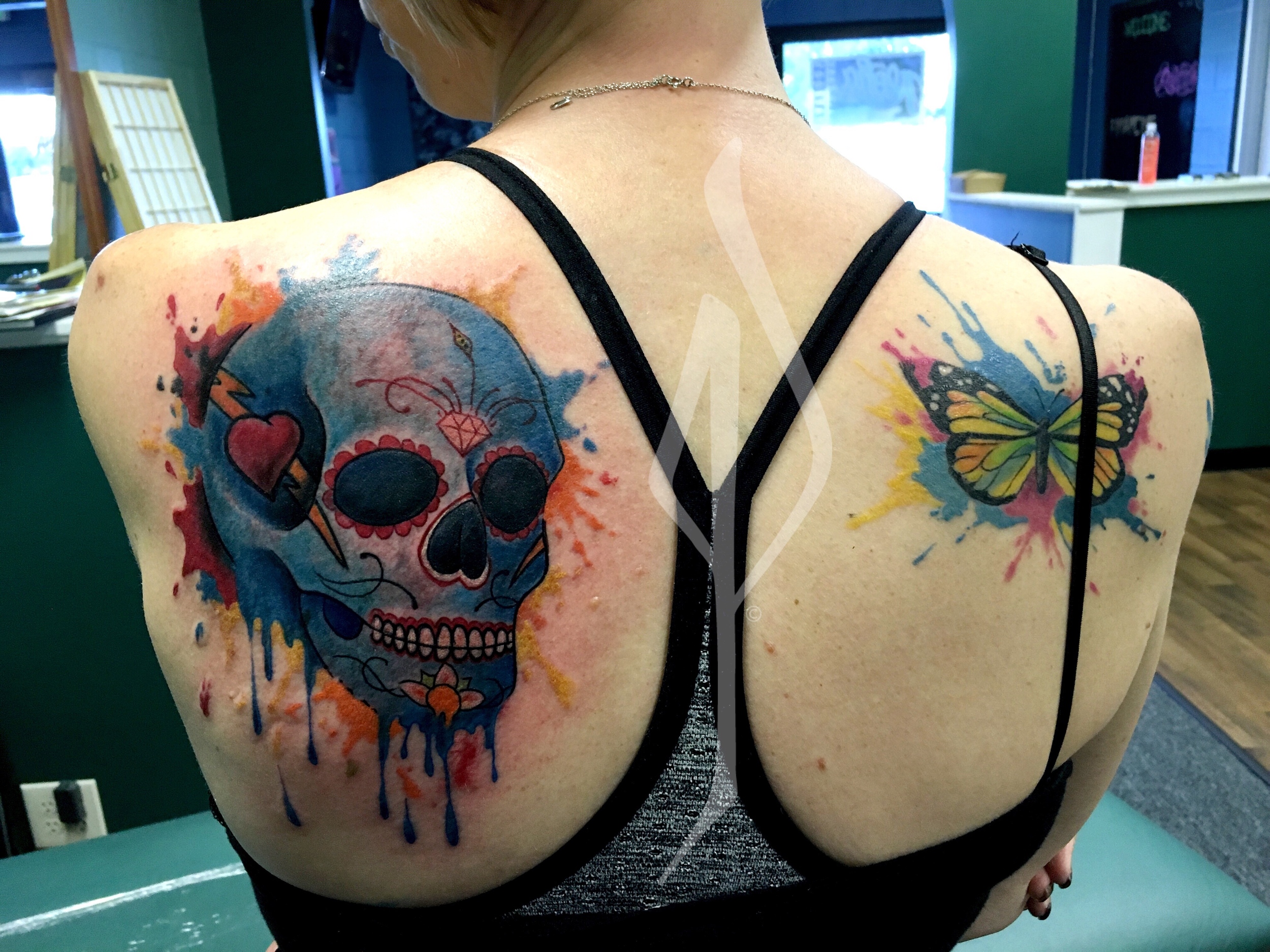 Skull and Butterfly Watercolor Tattoo by Jon Poulson - Aloha Salt Lake Tattoos