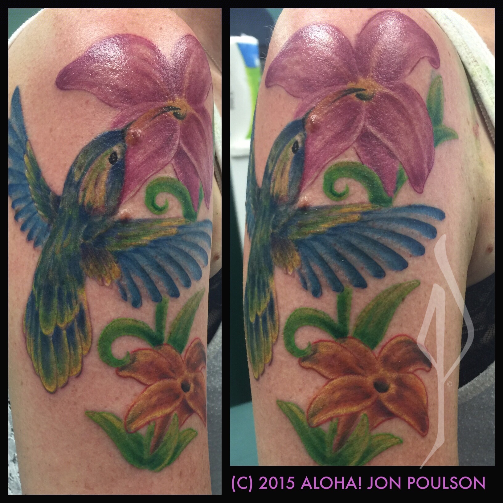 Freehand Watercolor Bird with Flowers Tattoo by Jon Poulson - Aloha Salt Lake Tattoos