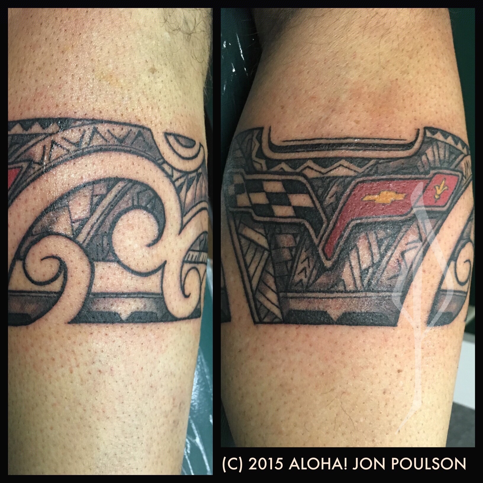 Freehand Polynesian Tribal Tattoo with Corvette Logo by Jon Poulson - Aloha Salt Lakr Tattoos
