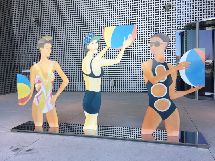 " Chance " Alex Katz. These are the larger, life- sized, cutouts that Katz has created lately. Three women, as always friends or family. One of these women is his daughter in law, Vivian Katz, who works in he studio. You can see the influence of fashion again with the Gucci and Norma Kamali swimsuit,