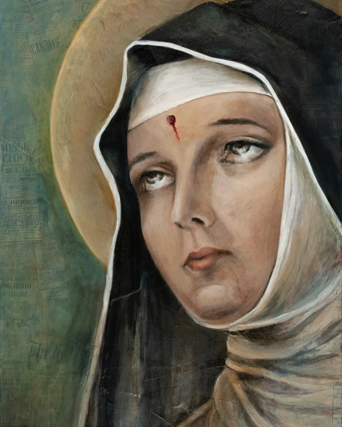 My latest oil on 1913 Catholic transcript newspaper. SAINT RITA&hellip; patron saint of the impossible.🙏🏻