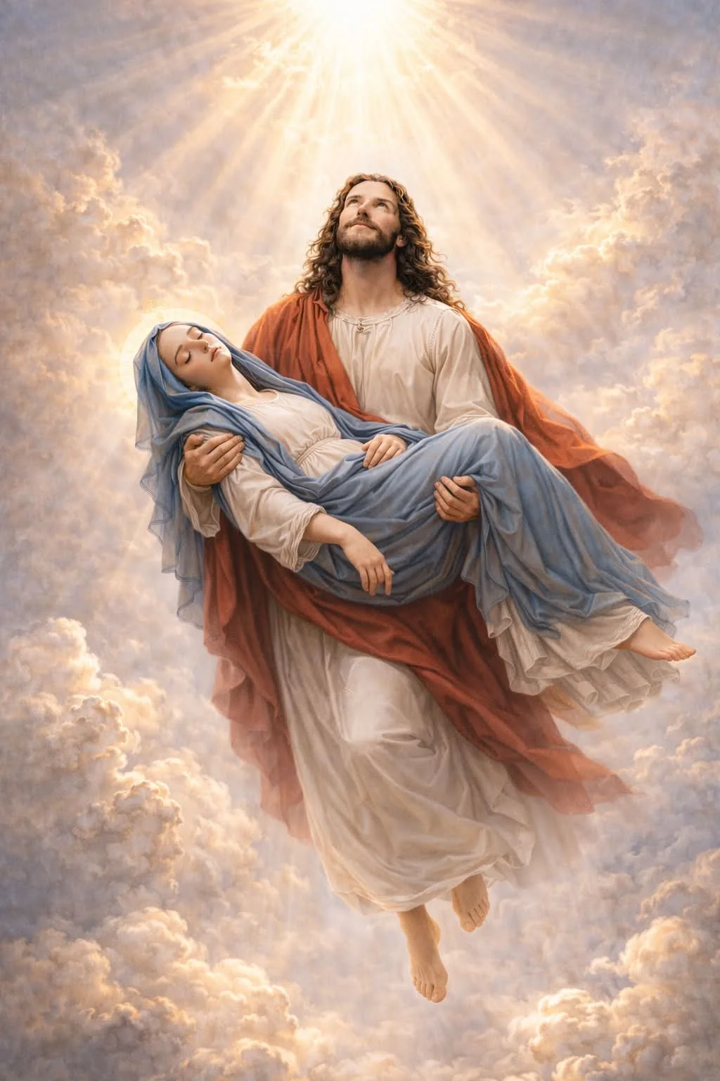 I have always imagined the Assumption as a reverse Piet&agrave;.

At Calvary, Mary held Jesus in her arms as He was taken down from the Cross.
At the end of her earthly life, I imagine the tenderness reversed&mdash;Jesus carrying His Mother into Heav