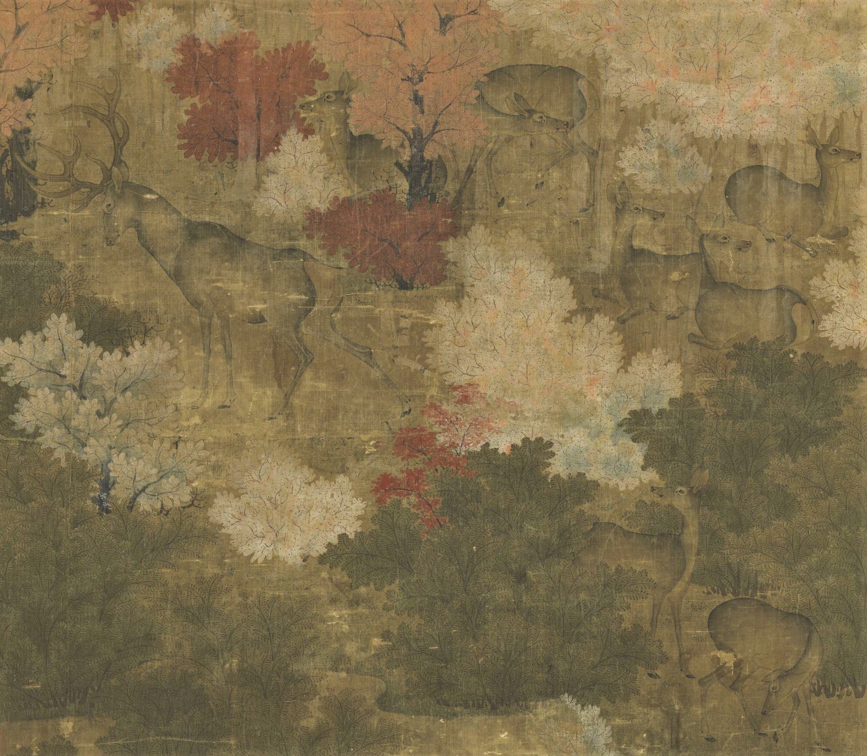  Unknown artist, 10th century, Herd of Deer in an Autumn Forest, hanging scroll, ink and colour on silk. Detail. National Palace Museum, Taipei.					  					  					  					  					 