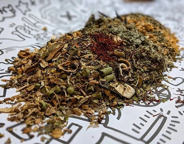 This is the gruit (mixture of herbs and spices) for La Birra Fernet. Over 200 grams in 5 gallons of beer. There's 37 different herbs and spices in this batch. Notice how little hops there are (the little green rabbit-pellet-looking things). There's so many amazing plants we can use to flavor our beer, why do we almost exclusively use hops? Or, as Randy Mosher wrote, "hops are just another herb, mon." #whyjusthops?
