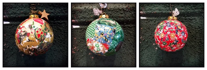  Japanese Washi Paper Ornaments Workshop led by Laura Felt • December 7, 3-5pm • $45 In this festive workshop, participants will make three washi paper covered ornaments. The first ornament will be covered in the same paper, the second one using several papers to create a patchwork design, and the third one will use the "picket fence" technique to preserve the pattern of the paper. No experience is necessary and all supplies are included! 