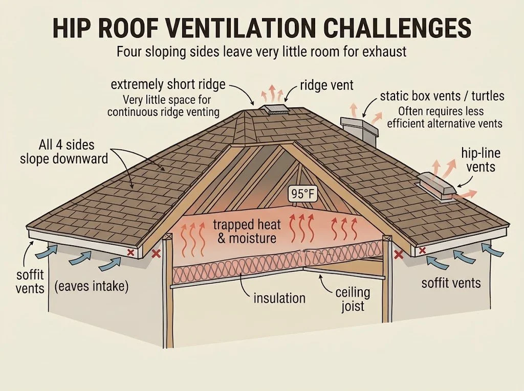 Cutaway architectural diagram of a hip roof house showing four downward-sloping roof sides, a very short ridge vent at the peak, and restricted attic airflow