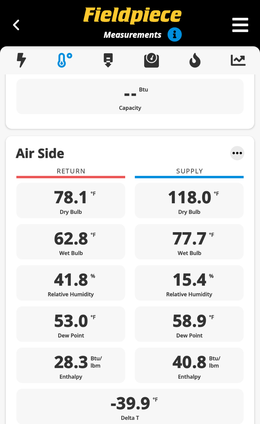 1st American Home Inspections using the Job Link app to measure delivered air temperature at a bedroom register, showing thermal loss during a Maryland home heating evaluation.