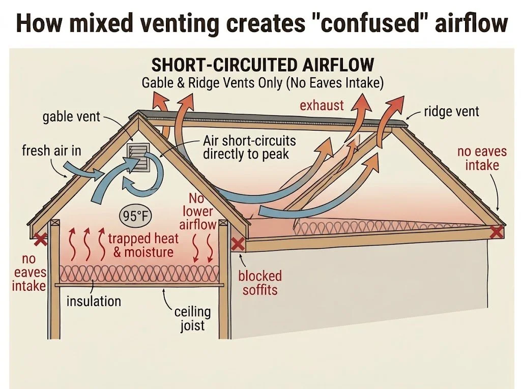 Diagram showing short-circuited attic ventilation where intake air enters a gable vent and immediately exhausts through the ridge vent, bypassing lower soffits and trapping heat in a Maryland home.