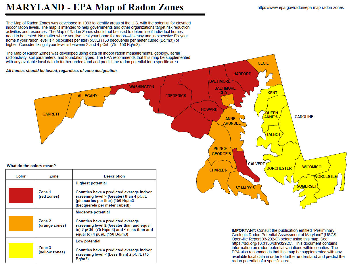 Official EPA Radon Zone Map for Maryland showing Zone 1 high risk counties including Howard and Baltimore