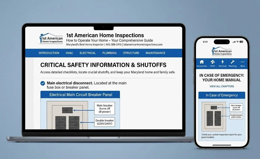 Laptop and smartphone displaying the free digital How to Operate Your Home manual provided by 1st American Home Inspections, showing critical safety and shutoff information.