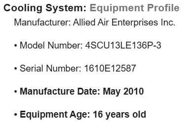 Home inspection report showing HVAC Equipment Profile with brand, model, and serial numbers