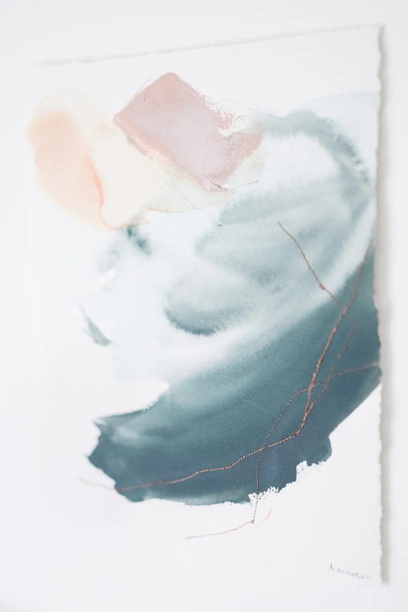 "Water Lily" Abstract Painting On Watercolor Paper In Jade Green Blush Pink And Peach — Deeann Rieves