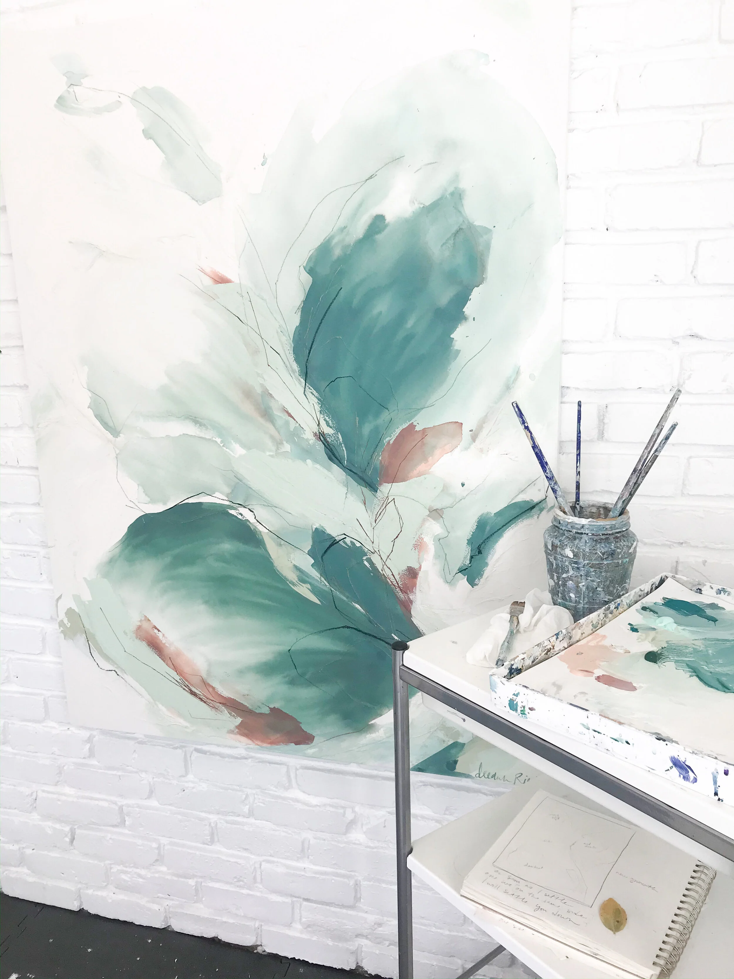 Deeann Rieves. Abstract leaf inspired painting. New Growth. 48x36.JPG