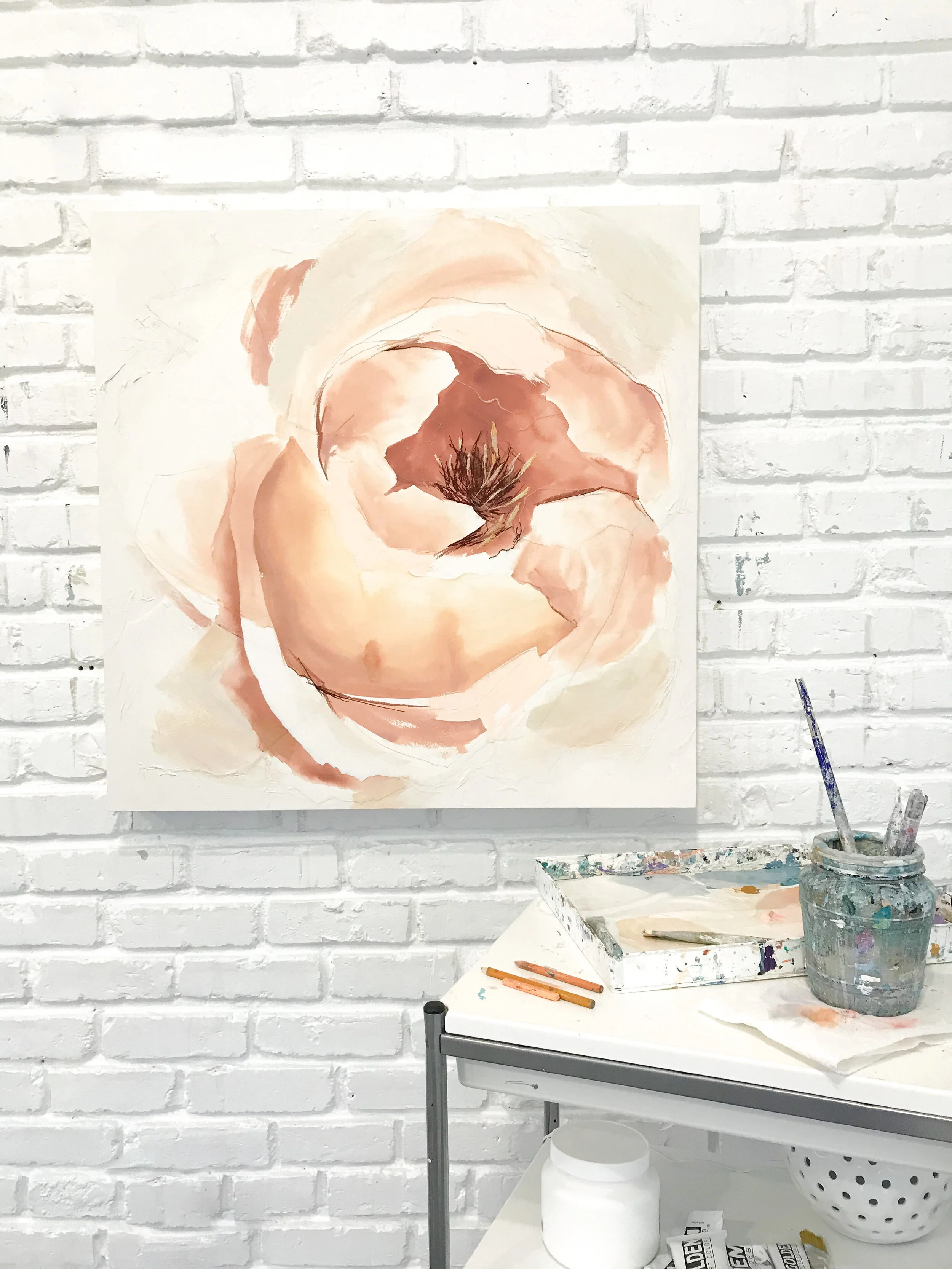 deeann rieves. abstract peony painting in art studio.JPG