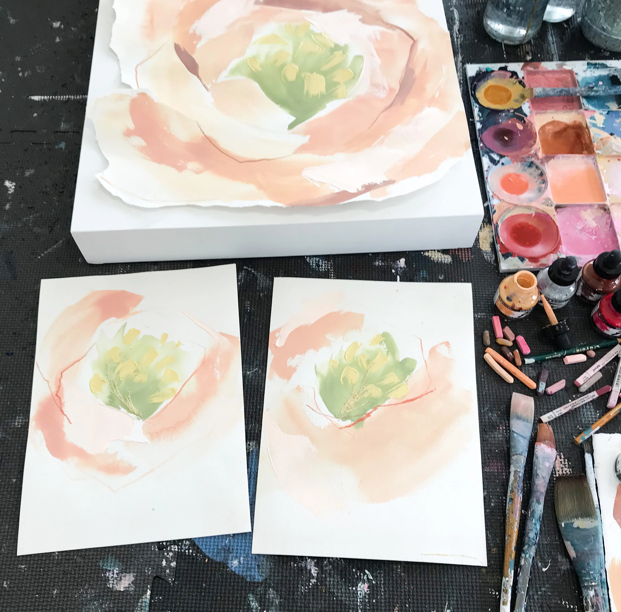 Deeann Rieves. abstract floral paintings in progress. art studio.JPG