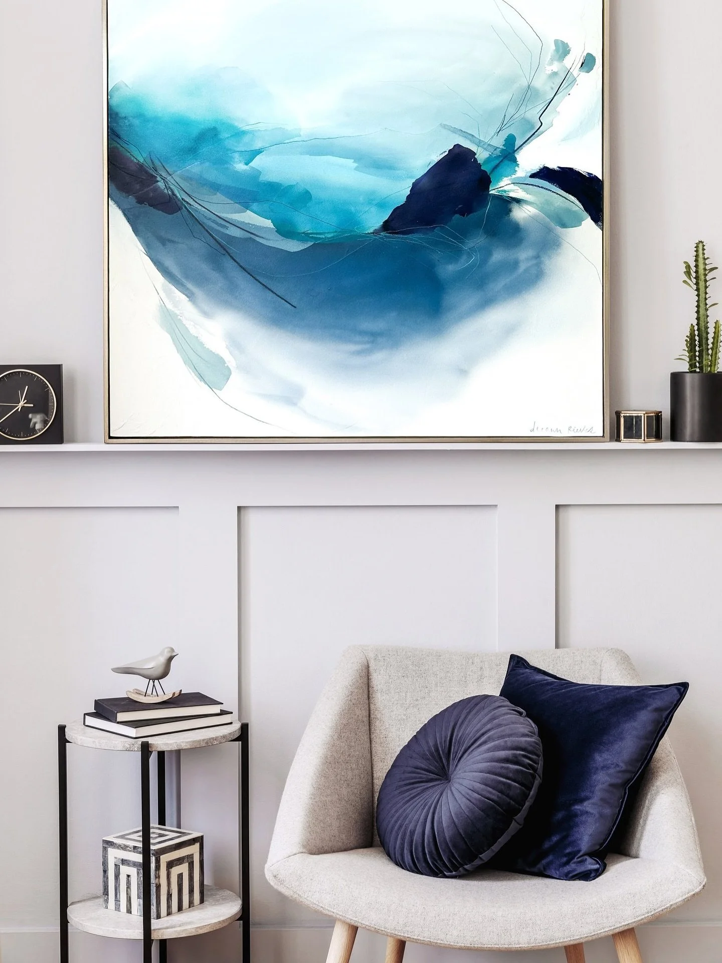 Need a statement piece to finish your room with soothing blues and teal? This painting could be perfect and deliver beach vibes year round. Grab some new cozy pillows and enjoy the transformation!