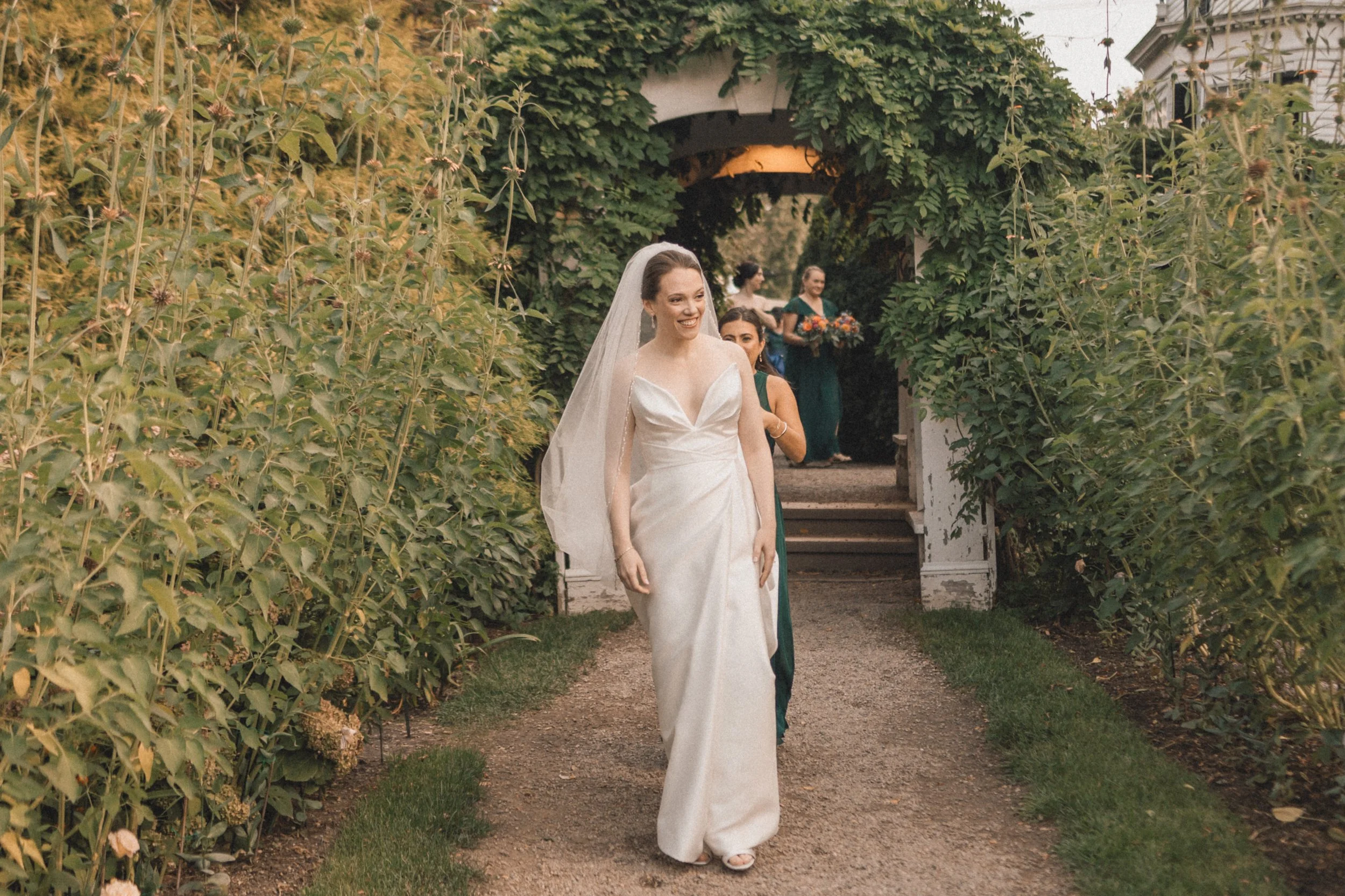 Bride before first look in Ropes Garden at Peabody Essex Museum