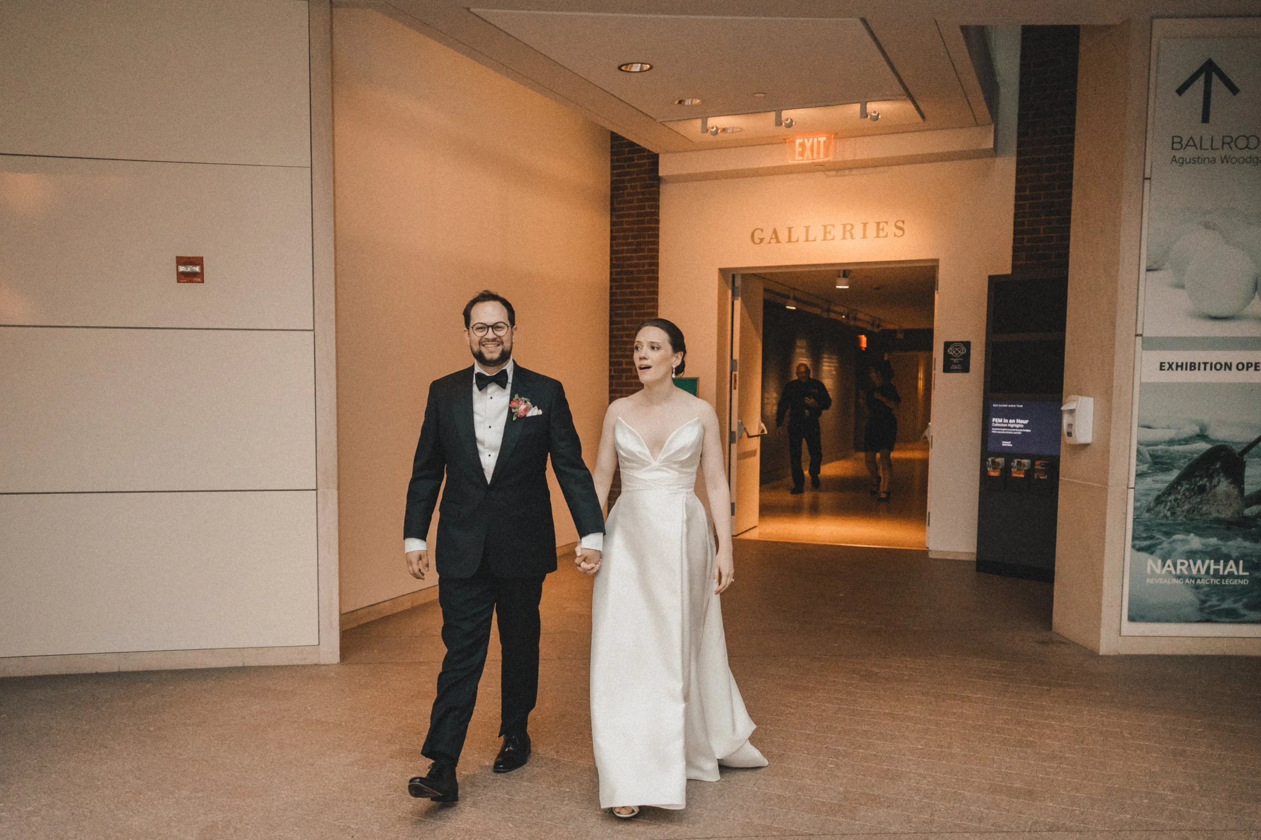Bride and groom amazed by Peabody Essex Museum wedding reception space