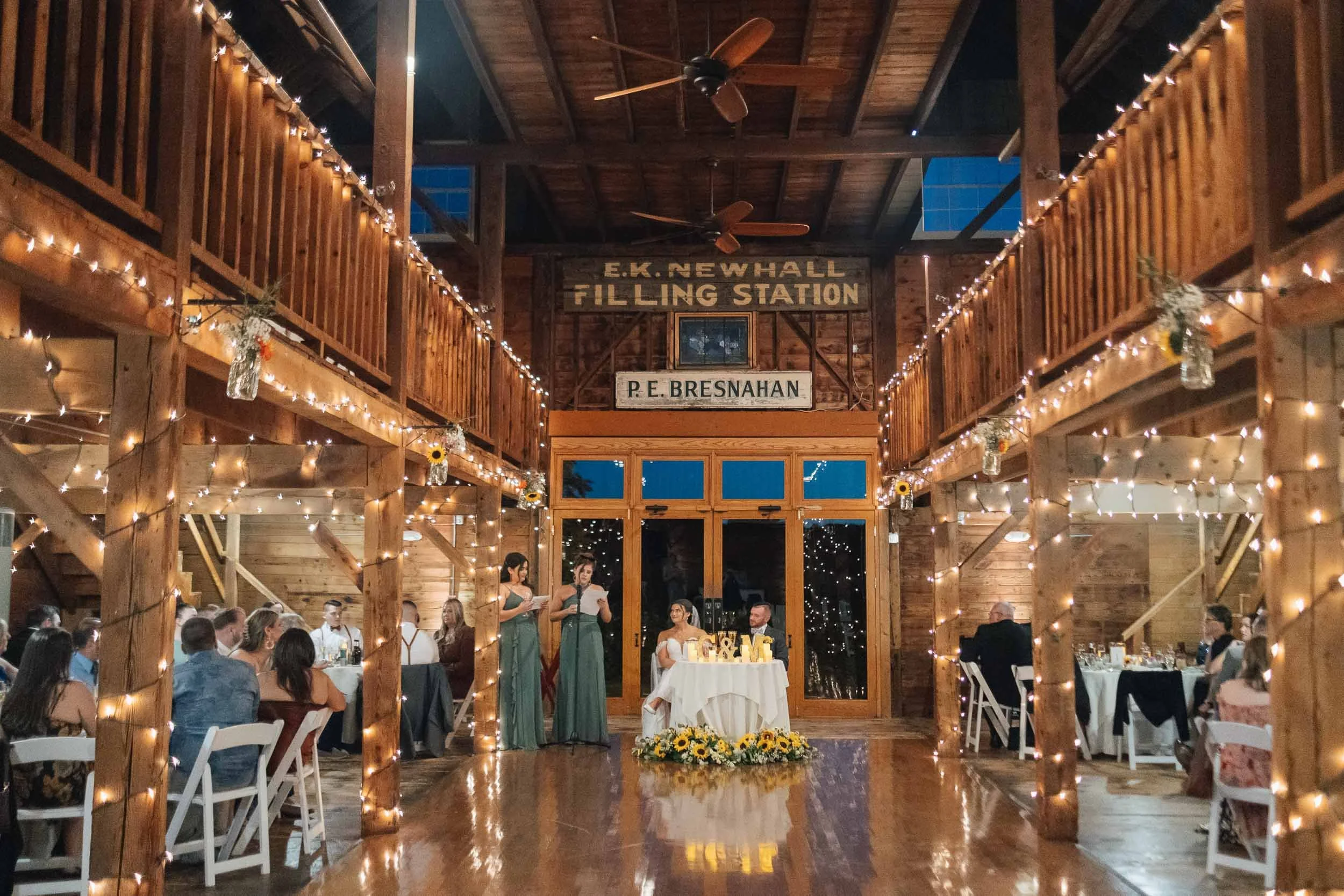 Reception inside Smith Barn with string lights and dance floor
