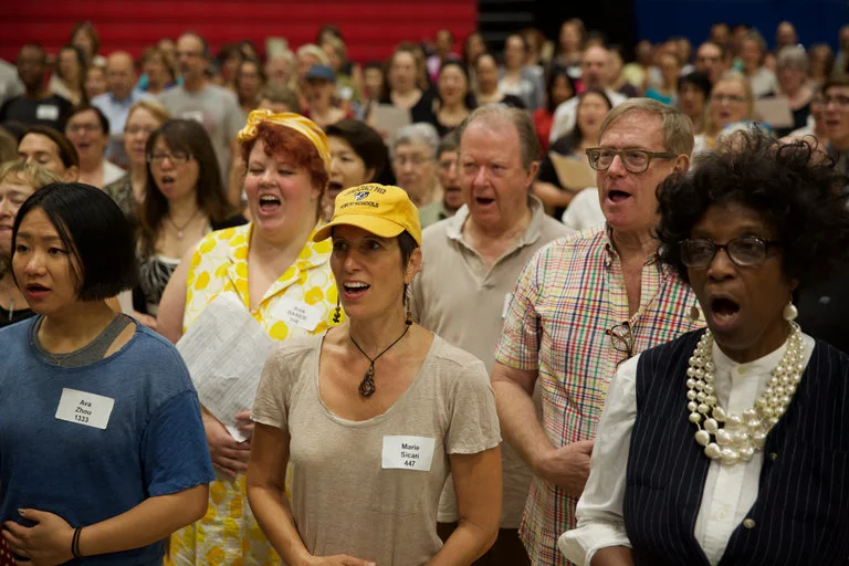 A rehearsal for David Lang’s “the public domain” in the gymnasium of Baruch College in Manhattan. Credit Benjamin Norman for The New York Times