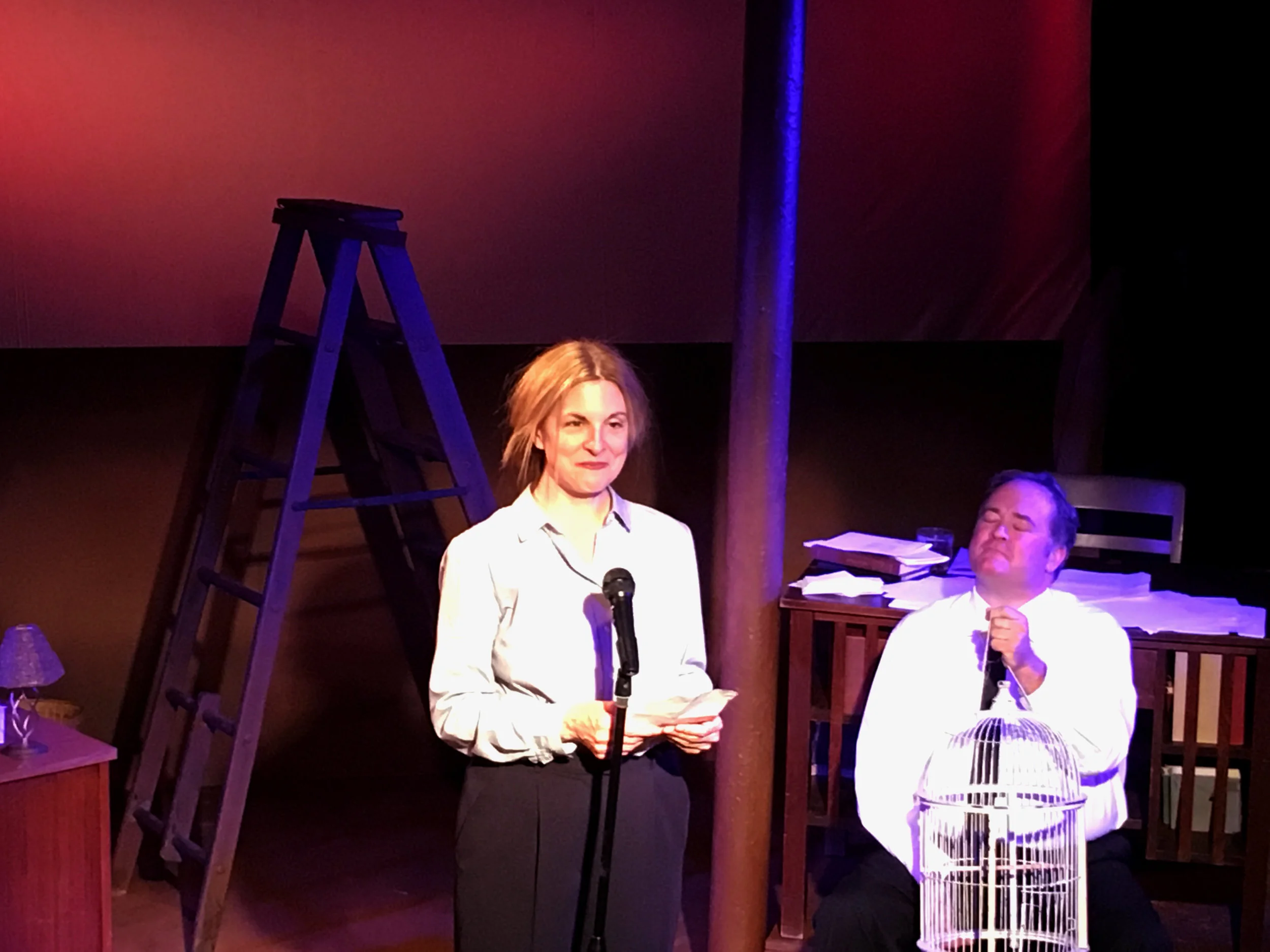 "Director David Wolber gets much credit, too, for adding his own creative touches, effectively using props, different areas of the set, and a movement pattern for the actors – partly inspired by Lowell’s frustrated observation that the two poets seem connected by a wire, so that when one moves, the other does as well – that keeps the audience engaged." -Jenn McKee, Pulp - Arts Around Ann Arbor