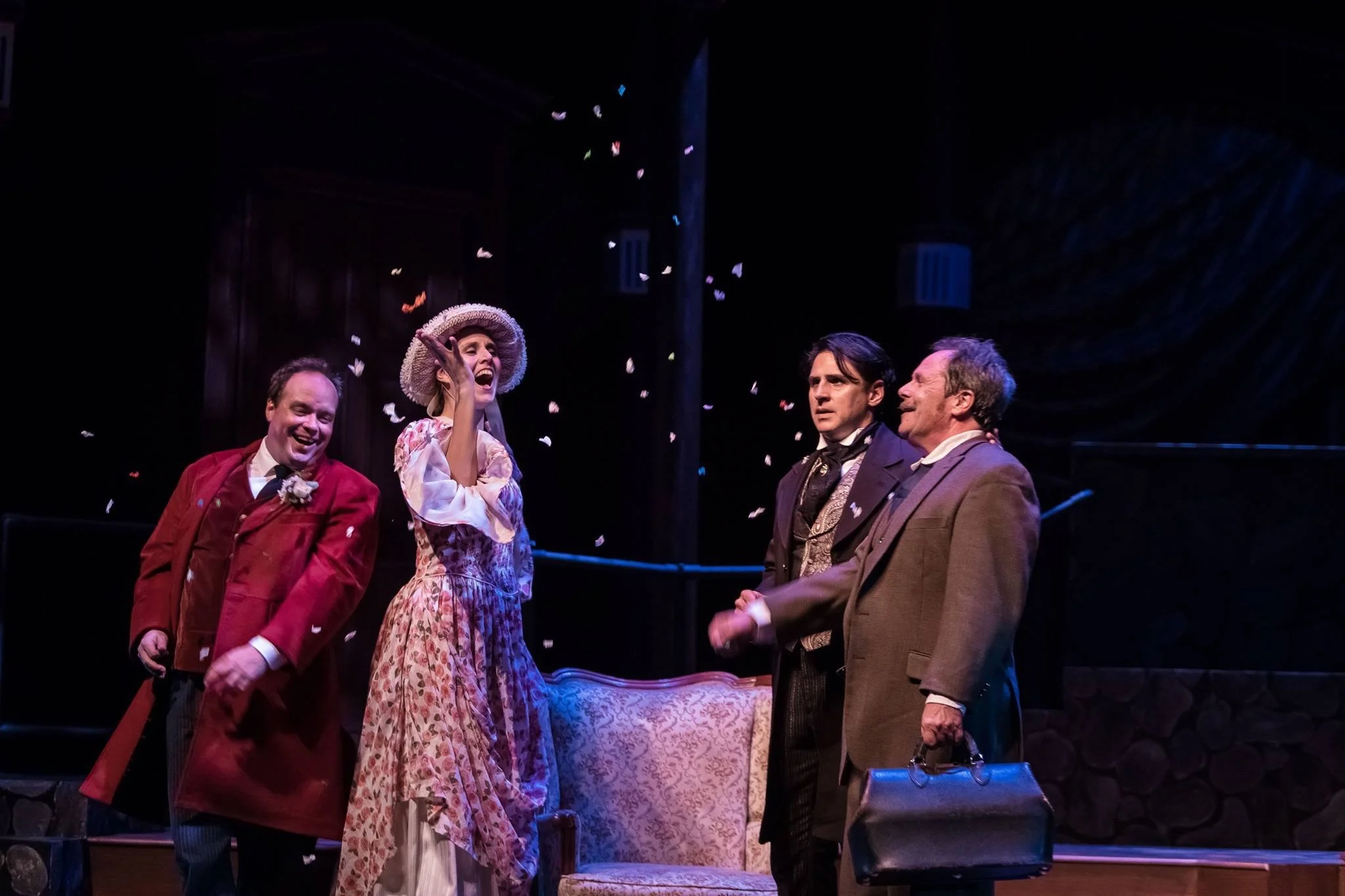 "Three actors, Peter Pouty, Cheryl Turski, and David Wolber , play all of the remaining three-dozen plus characters. It’s a quirky bunch, from Sir Charles’s friend Dr. Mortimer (Prouty) to Sir Henry ( Wolber ). Patrons are advised to bring their imaginations. Madcap mayhem rules, with sight gags galore, costume quick changes, (some of them done right on stage), and snappy one-liners. Sherlock Holmes never investigated a bunch like this and Meadow Brook does both him and Ludwig’s script proud." - Daniel Skora, It's All Theatre
