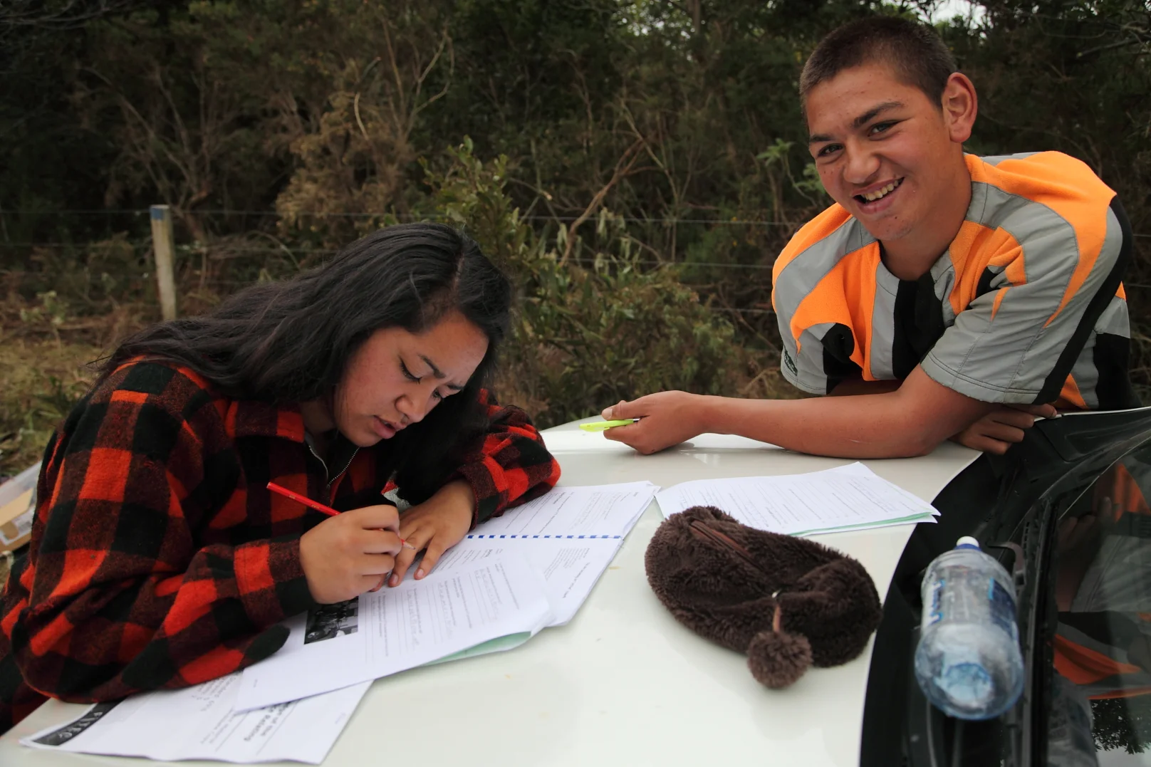 Kaitaia College students completing some of the theory work on a Wai Fencing short course.