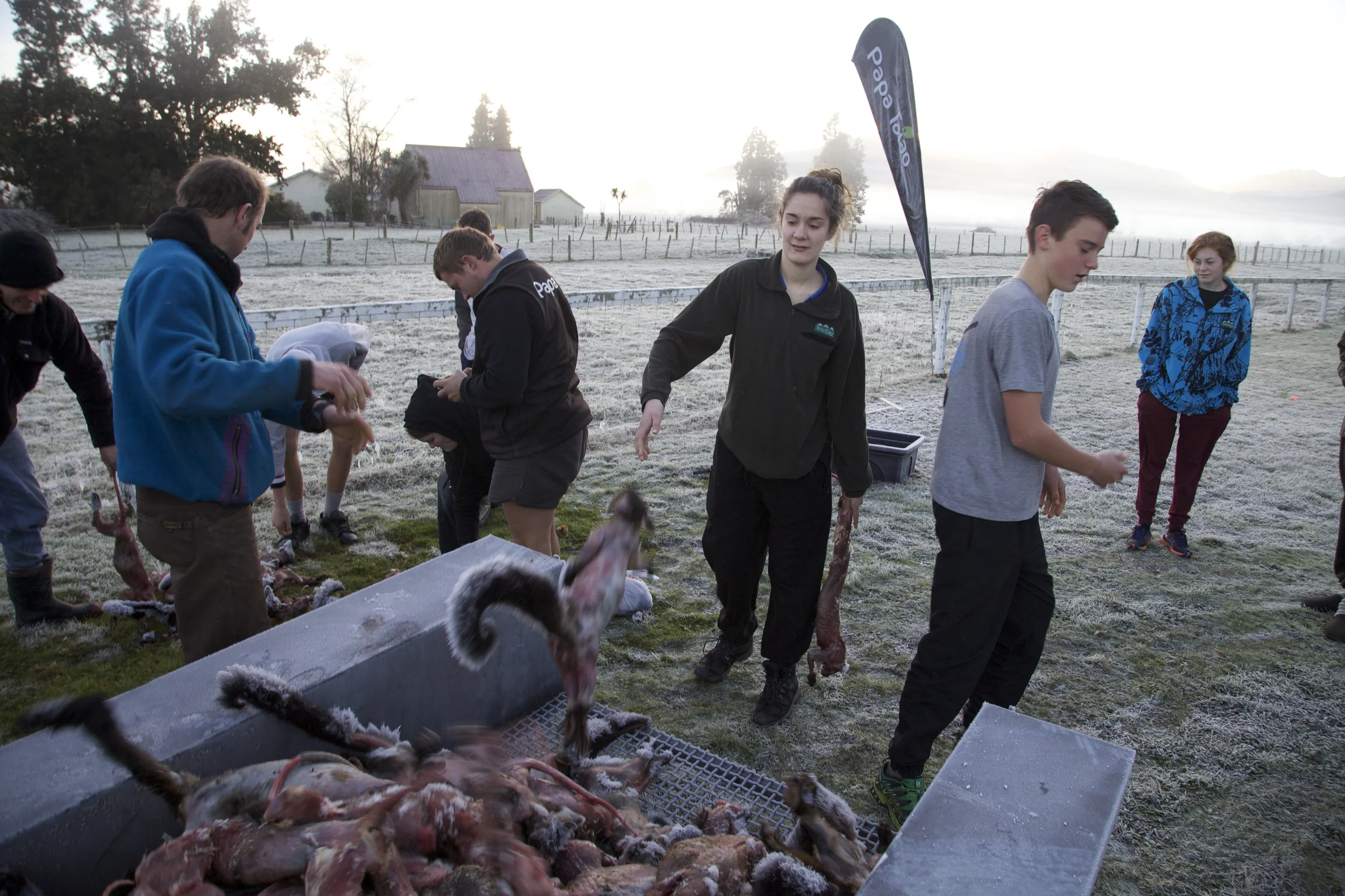 Hardy West Coast students brave freezing temperatures to dispose of possums after they have been plucked and skinned on the Project Possum short course in Harihari.