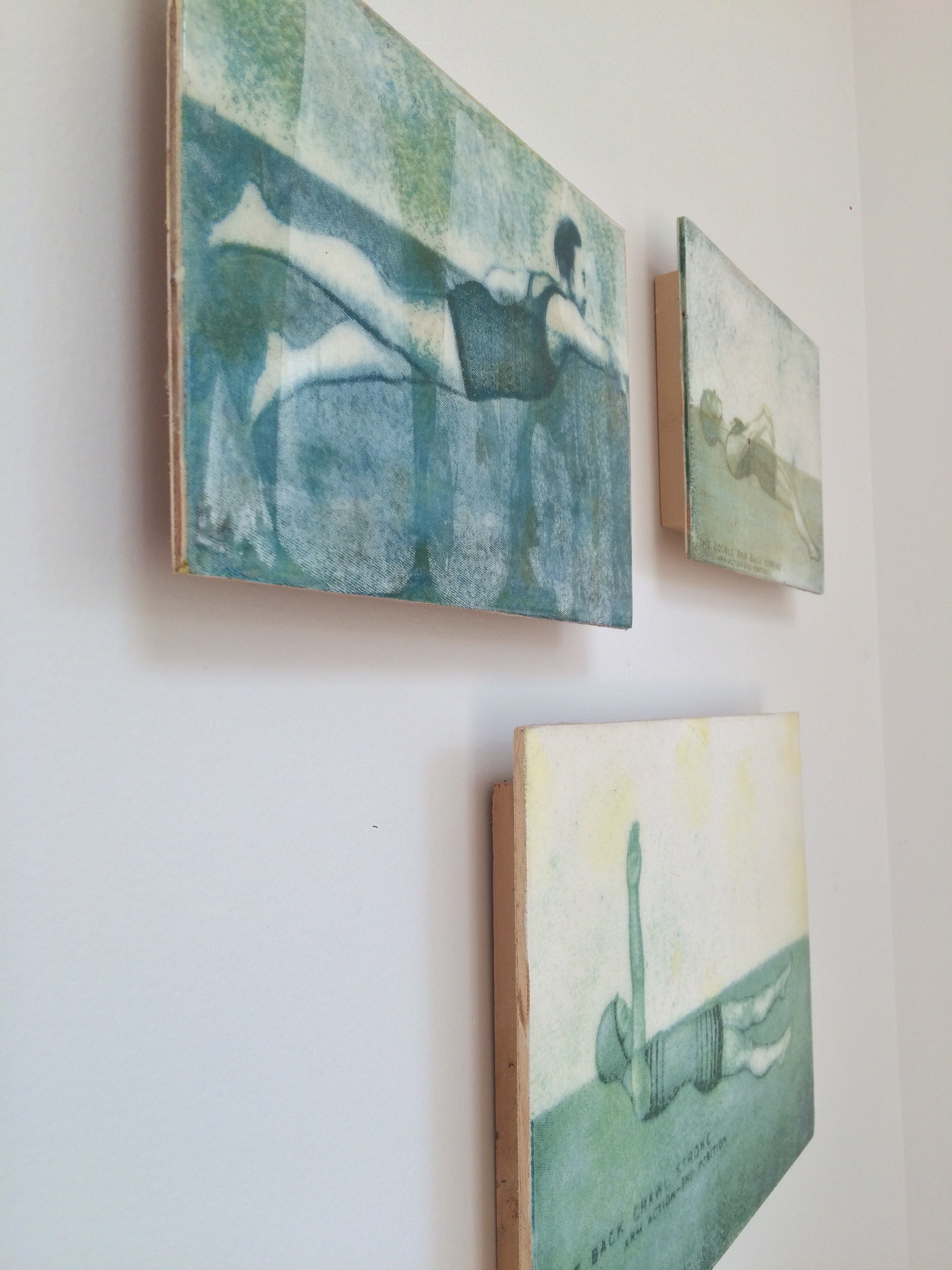 This is a grouping of paintings hanging next to the desk in the shed with images pulled from trading cards that used to be included in packs of Hignett's Cigarettes showing different swimming strokes. In the detail images you can see some of the great texture in the paintings as well as the mutiple layers used to build up the lush texture found in Bradford's paintings.