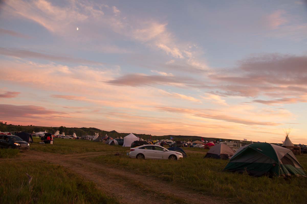 Oceti Sakowin (across the river from the Sacred Stone camp) at dusk, from our camp spot. 