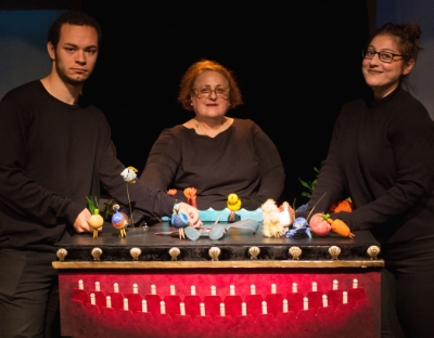 Joshua Nasser, Susan J. Vitucci, Yael Rizowy with members of the Clothespin Repertory Company at 13th Street Theatre, May 2016 Photo: Max Gordon