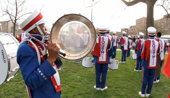 Solar Flare Arkestra Marching Band: Rich South Band at Garfield Green Line, Chicago (2013), courtesy of Cauleen Smith.