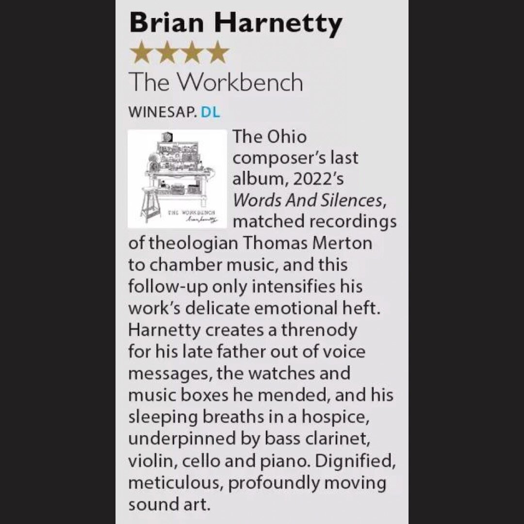 Here is an exceptionally nice 4-star review of &quot;The Workbench&quot; from MOJO: &quot;Dignified, meticulous, profoundly moving sound art.&quot; (You can watch/listen from links in my bio.) Thanks, Mojo!