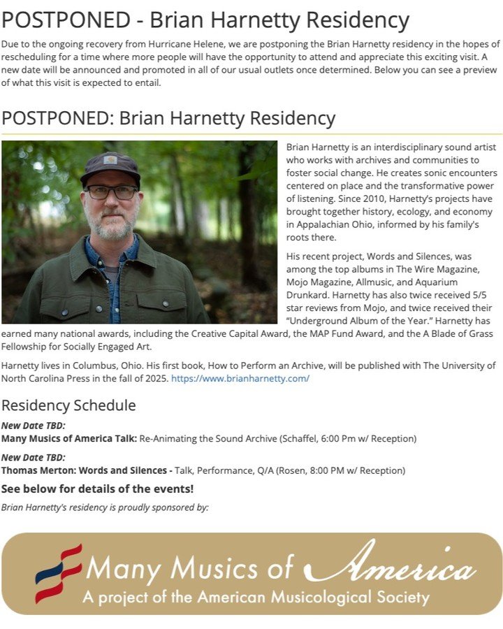 I am sorry to announce that my residency at Appalachian State University in Boone, North Carolina, has been postponed. I&rsquo;ll look forward to visiting next year sometime, and wish everyone a safe and speedy recovery from the devastation of Hurric