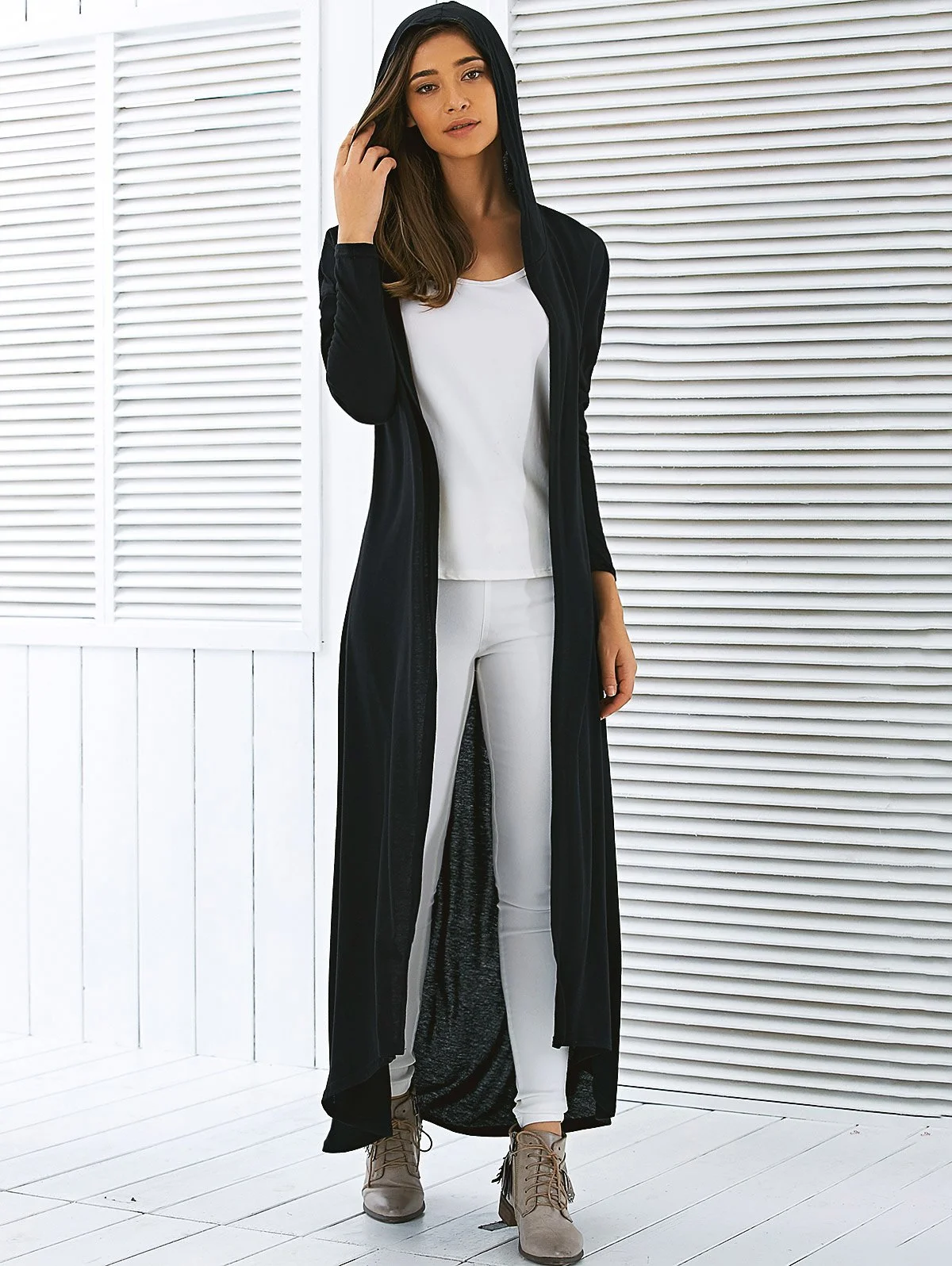 Long Cardigan Hooded Duster Floor Length Olive Or Black