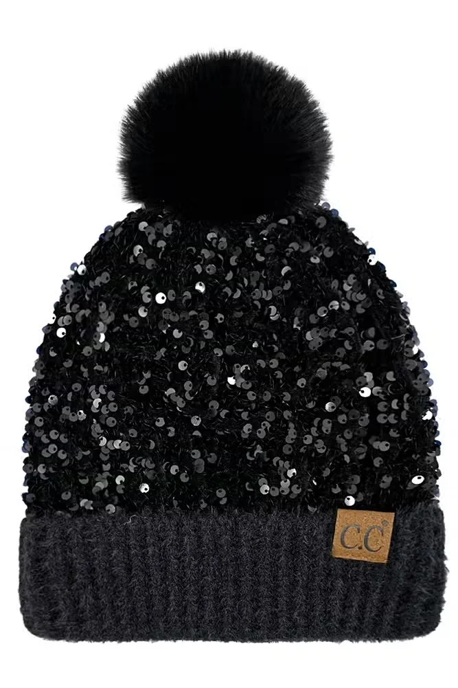 Black Sequin Fleece-lined Faux Fur Pom Hat
