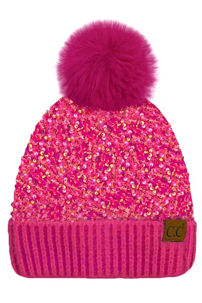 Hot Pink Sequin Fleece-lined Faux Fur Pom Hat