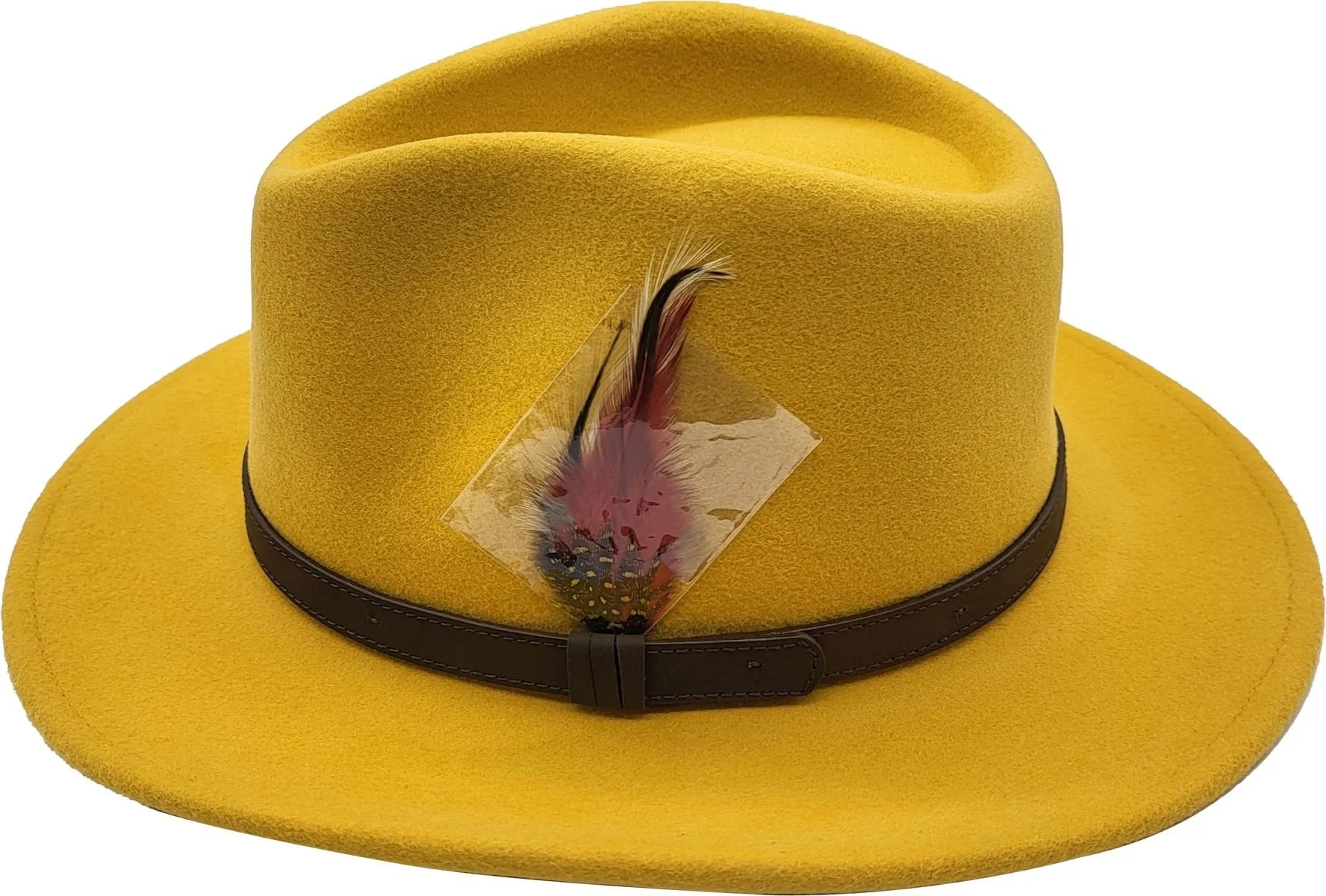 MOD 1960s\' YELLOW FLEXIBLE FELT FEDORA + TOPSTITCHING & BROWN CURLY FEATHERS Borsalino Jer Mustard Felt Fedora Hat Made in Italy | DAPPERFAM main image 2