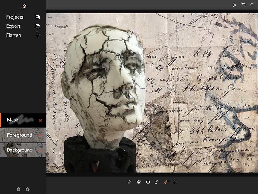 Third text image layered in multiply blend mode and masked over the face.