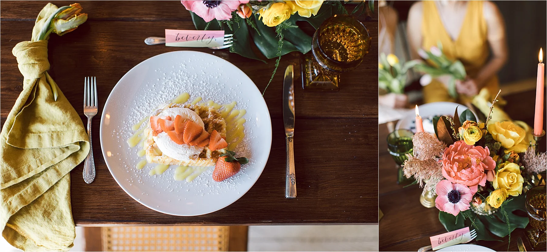 Florals: The Pink Peony / Waffles: Press Waffle Co. / Table + Accessories: Velvet Rentals / Calligraphy: MJ Creative Co. / Macrame: Wannabe West Coast