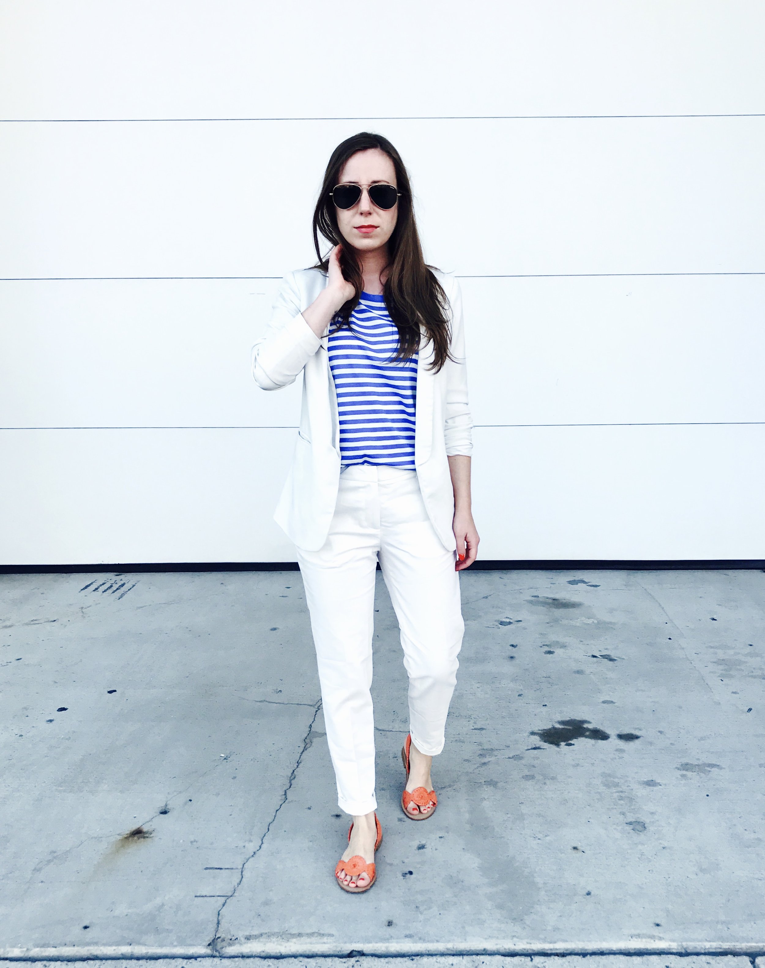 blue and white striped blouse, white denim shorts, jack rogers