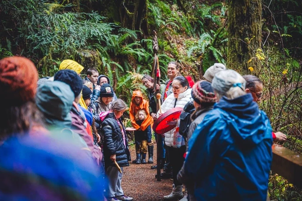 Lower Elwha Klallam tribal citizen Tashena Francis leading water blessing ceremony near Tree Well timber sale. Nov. 2024. (Photo by Scott McGee/Forest2Sea.com).