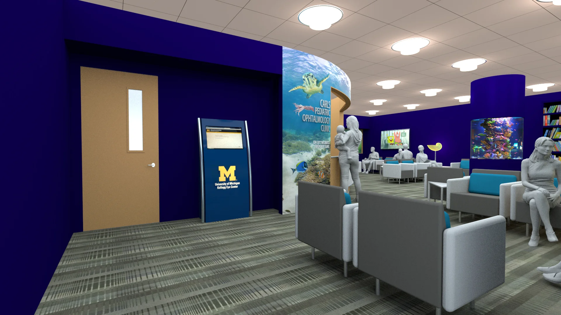 Healing environment design by Space Haus for Kellogg Eye Center in Chicago, Illinois. Waiting room 3D render.