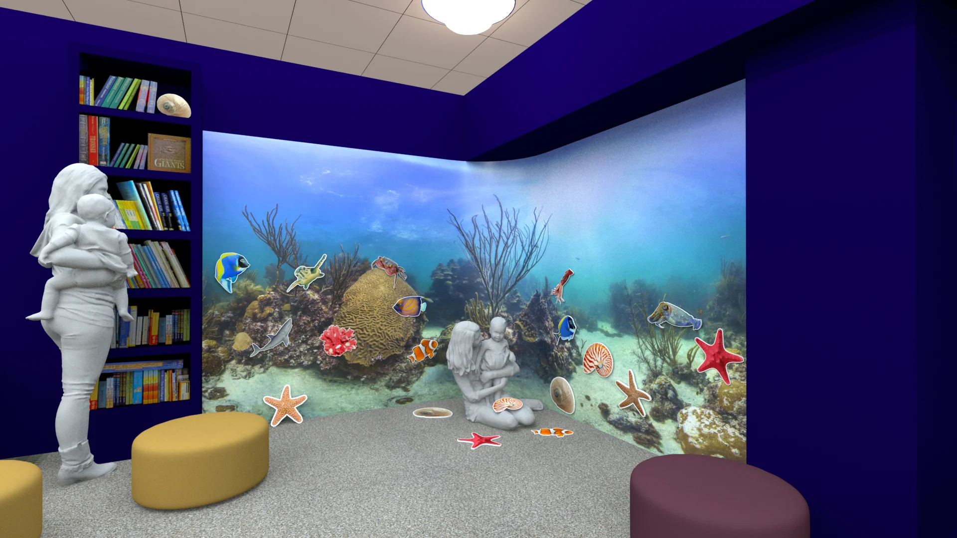 Healing environment design by Space Haus for Kellogg Eye Center in Chicago, Illinois. Waiting room interactive ocean themed magnetic wall.