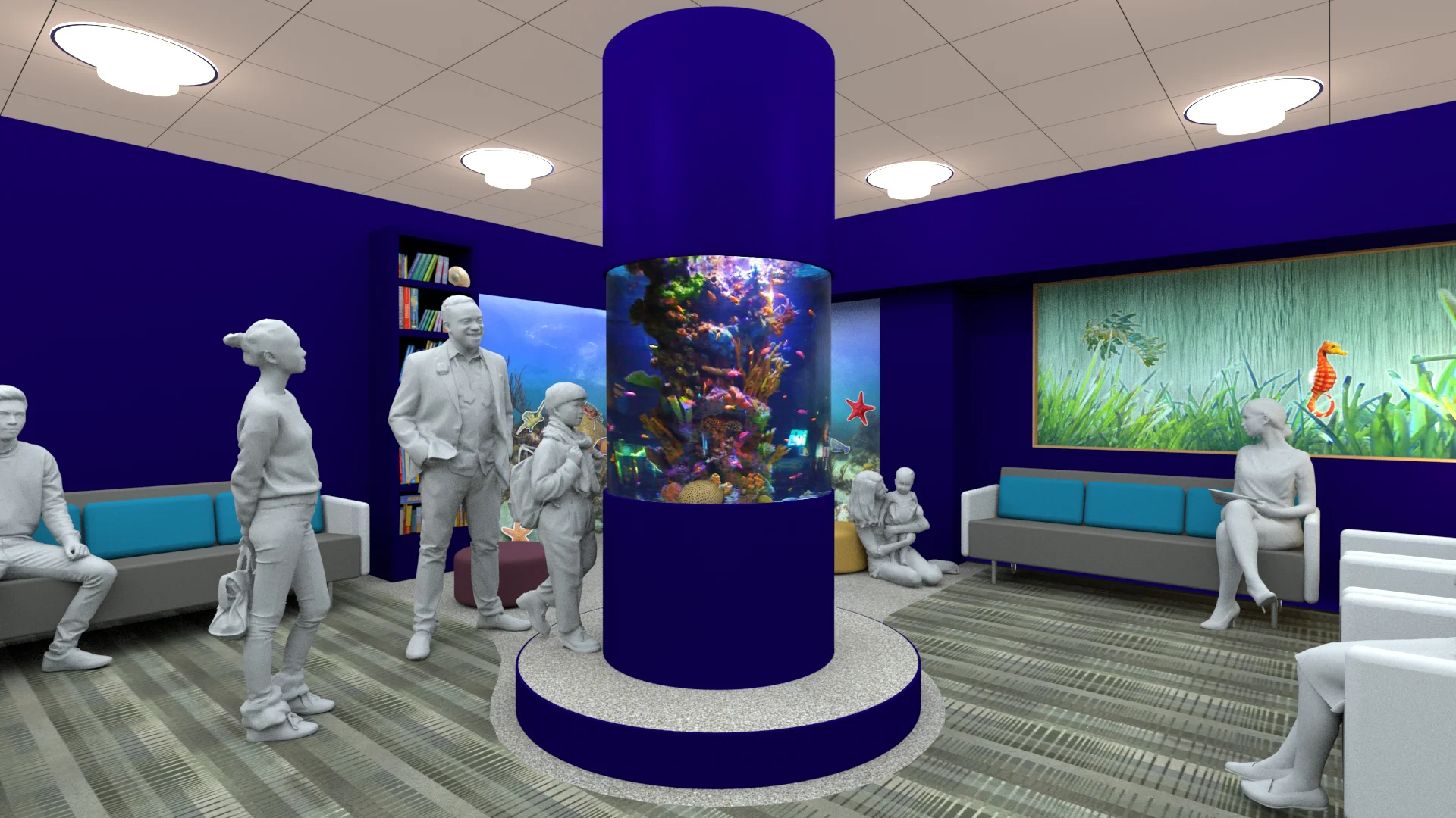 Healing environment design by Space Haus for Kellogg Eye Center in Chicago, Illinois. Waiting room fish tank.
