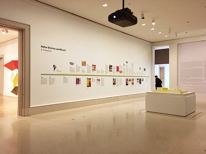 Exhibit and installation design by Space Haus for Helio Oiticica at AIC in Chicago, Illinois. Interior wall timeline.