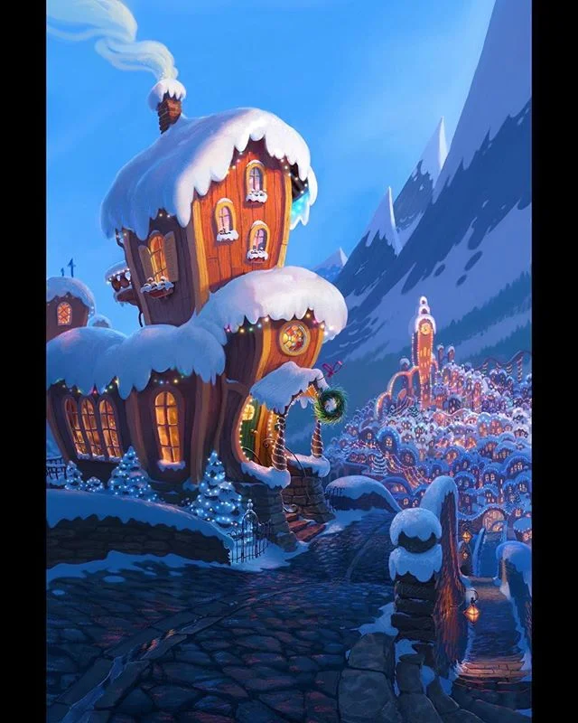 Cindy-Lou&rsquo;s house concept painting.
⠀⠀ #grinch #thegrinch #grinchmovie #thegrinchmovie #concept #conceptart #animation #photoshop #photoshopart #art #digitalart #dailyart #design #setdesign #instamood #grinchmas #christmas #instadaily #instagoo