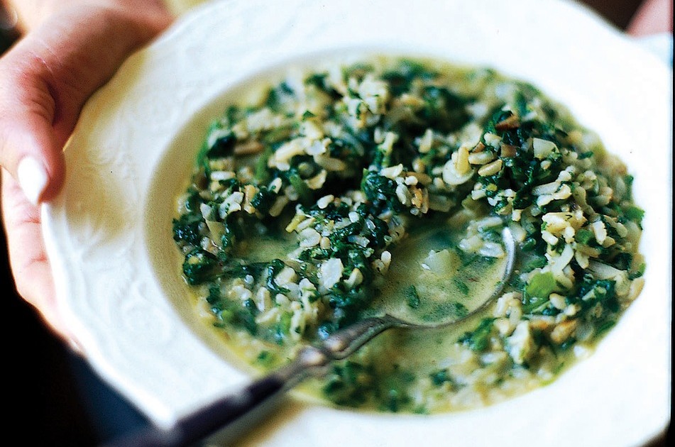 Creamy Risotto-Style Brown Rice with Spring Greens and Asiago